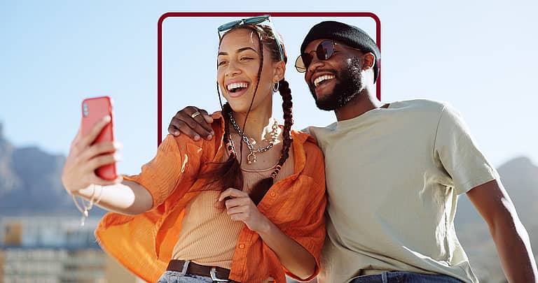 Couple, bonding and phone selfie on city building rooftop on New York summer holiday, travel vacation date or social media memory. Smile, happy or black man and woman on mobile photography technology.